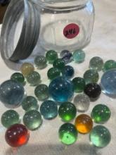 28 Vintage Colored Glass Marbles in Jar with 3 Colored Shooters - Some Light Color Veins