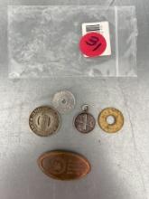 5 - Tokens - 1931 Helvetia Coin Pendant, Lincoln Bus Token, Relief Fund Token, Utah Sales Tax Token