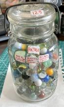 Over 100 Vintage Marbles in Old Wire top Ball Jar