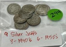 9 Silver Jefferson Dimes