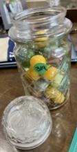 Old Mr. Peanut Jar of Shooter Marbles and Clearies