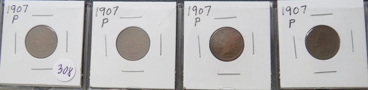 1907- (4) Indian Head Cents