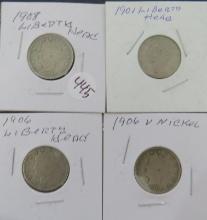 (4) 1901-1908 Liberty Head Nickels