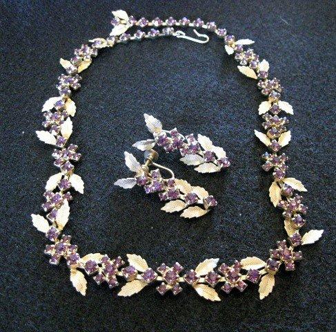 Wonderful Leaf and Purple Rhinestone Demi Parure Choker measures 17" Screwback earrings 1 1/2"