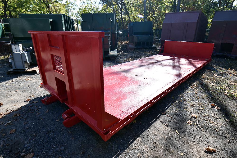 22' L. x 8' W. Cable Style Hook-Up Roll-off Flat Bed Sled w/48" Bulk Head, 28" Rear Fold Down Ramp