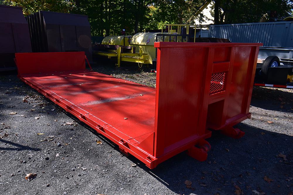 22' L. x 8' W. Cable Style Hook-Up Roll-off Flat Bed Sled w/48" Bulk Head, 28" Rear Fold Down Ramp