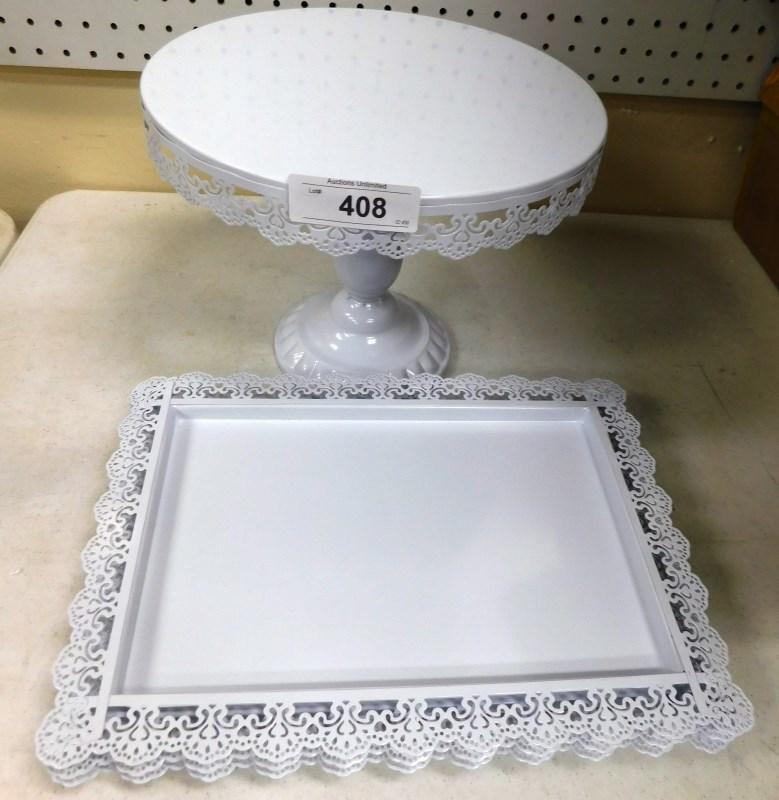 4 PC WHITE CAKE / DESSERT SET ~ FOOTED CAKE PLATE & 3 TRAYS
