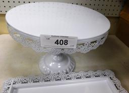 4 PC WHITE CAKE / DESSERT SET ~ FOOTED CAKE PLATE & 3 TRAYS