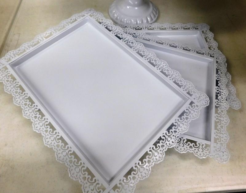 4 PC WHITE CAKE / DESSERT SET ~ FOOTED CAKE PLATE & 3 TRAYS