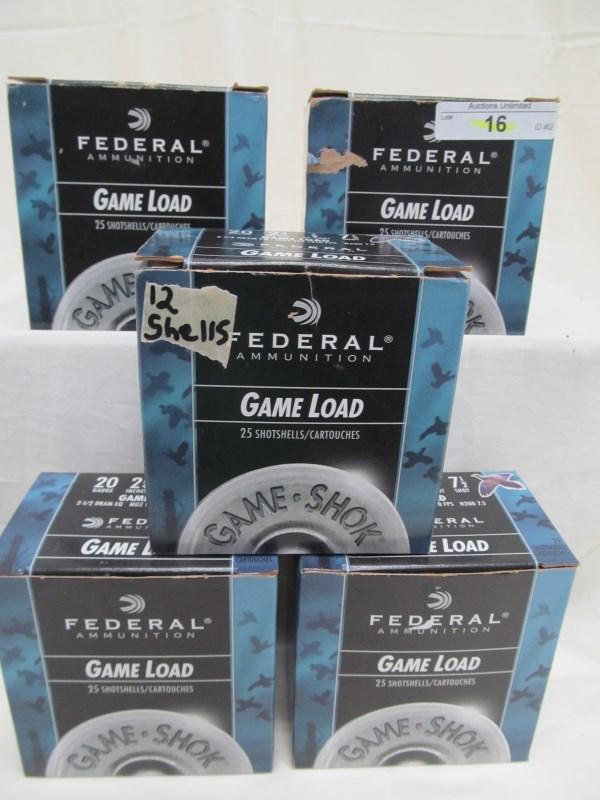 112 SHELLS FEDERAL 20 GAUGE (4 BOXES OF 25, 1 BOX OF 12)