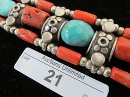 21 STERLING SILVER TURQUOISE CORAL BRACELET