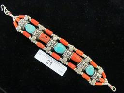 21 STERLING SILVER TURQUOISE CORAL BRACELET