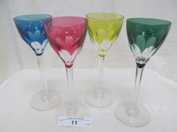 4 PC. CUT TO CLEAR ASSORTED COLORED LONG STEMMED CORDIALS