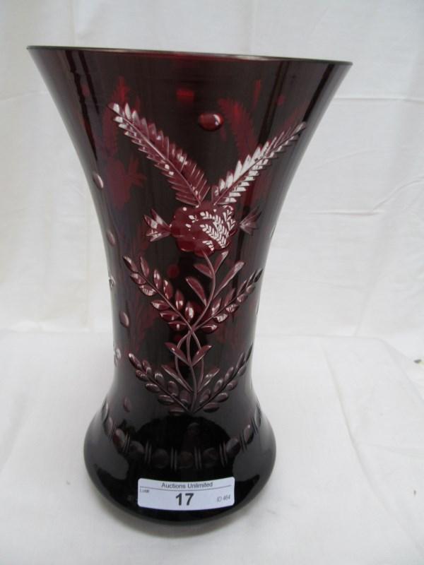 RUBY RED CUT TO CLEAR VASE 8"