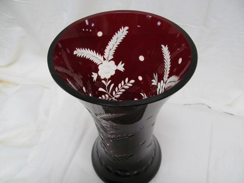 RUBY RED CUT TO CLEAR VASE 8"