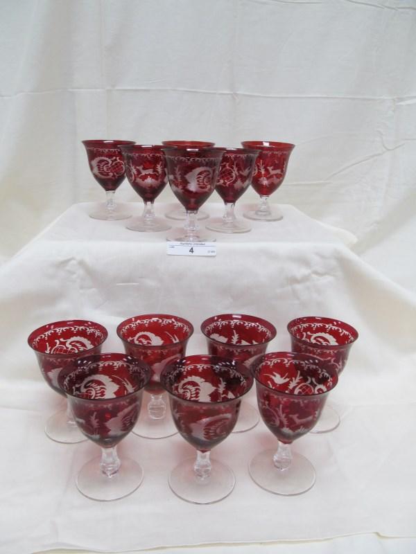 RED CUT TO CLEAR 13 PC. SMALL GLASSES 3.5" note: small chip on 1 glass