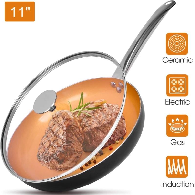 11" Copper Nonstick Frying Pans with Lid – PFOA & PTFE Free Ceramic Titanium Coating Skillet Stone-D