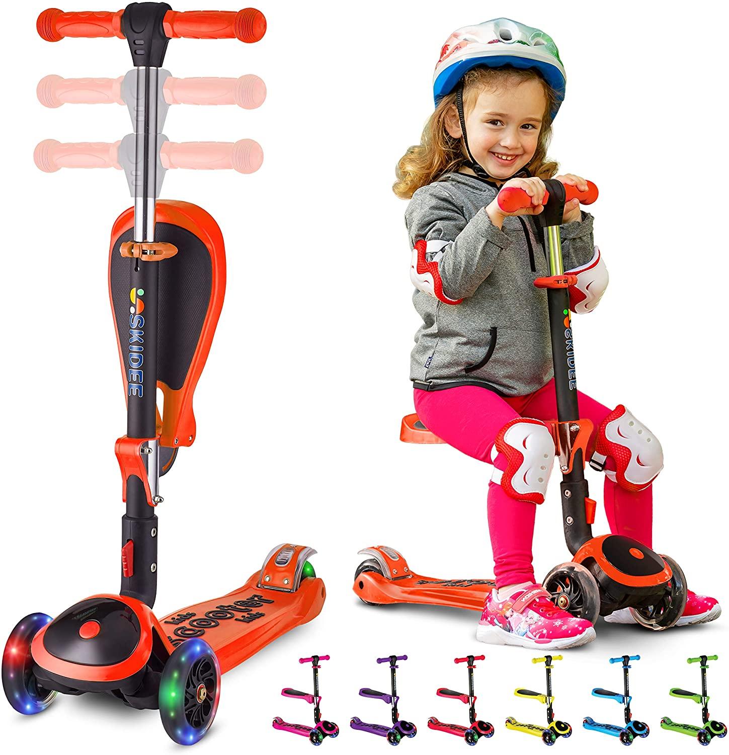 SKIDEE Scooter for Kids with Foldable and Removable Seat – Adjustable Height, 3 LED Light Wheels, US