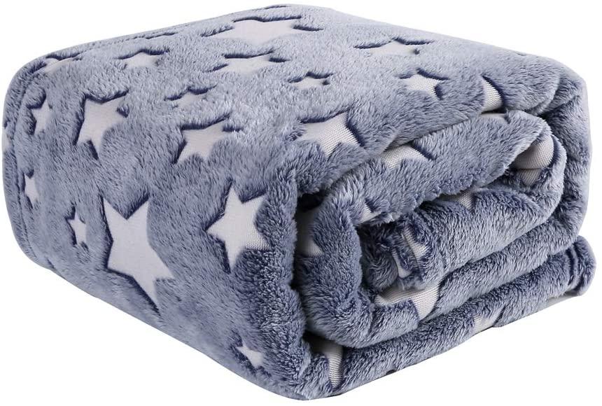 Luminous Flannel Fleece Throw Blanket Grey - Super Soft Plush Cozy Warm Star Pattern Glow in The Dar