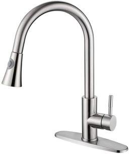 GUSITE Stainless Steel Pull Out Kitchen Faucet Single Handle Brushed Nickel with Deck Plate High Arc