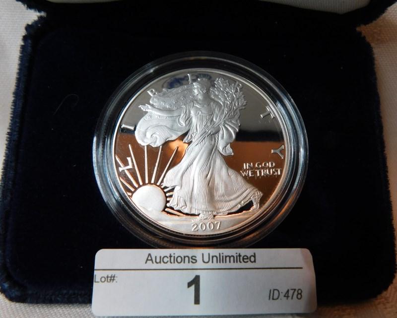 2007 AMERICAN EAGLE SILVER DOLLAR PROOF IN PRESENTATION BOX ~ COA