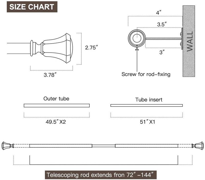 Brushed Nickel Window Curtain Rod 72 to 144 Inches 1" Large Diameter Single Drapery Rod for Heavy Fa