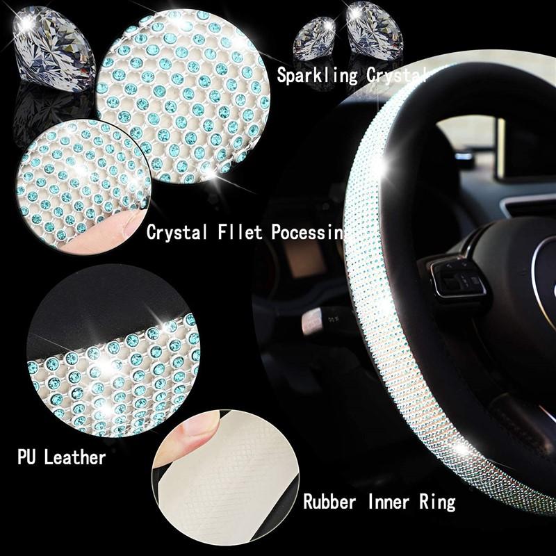 Diamond Leather Steering Wheel Cover for Women Girls with Bling Bling Crystal Rhinestones Universal