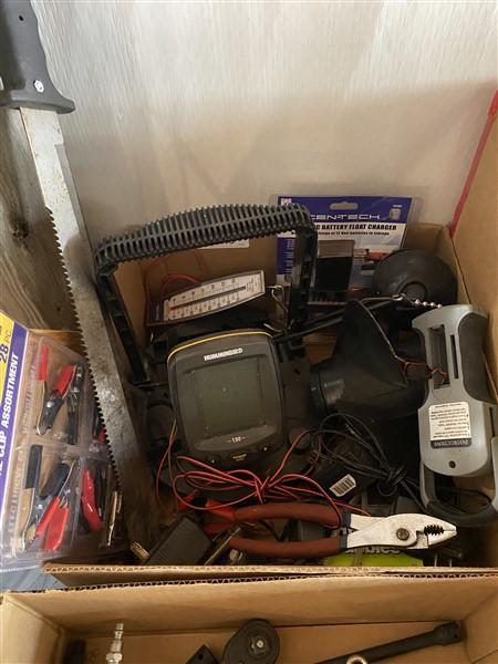 BOX OF TOOLS & MARINE ITEMS