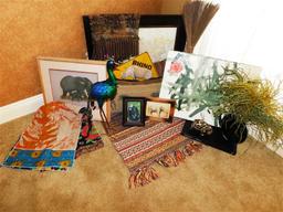 ACTUAL ELEPHANT PAINT ON CANVAS ~ LARGE AFRICAN ELEPHANT PAINTED CANVAS /GLASS VASE W/ GREENERY/ RHI