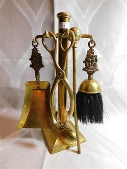 VINTAGE BRASS ENGLISH SMALL FIREPLACE TOOL SET - DESIGN : THE REVENGE SHIP 1688 - 14" TALL