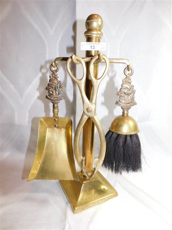 VINTAGE BRASS ENGLISH SMALL FIREPLACE TOOL SET - DESIGN : THE REVENGE SHIP 1688 - 14" TALL