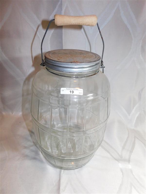 PICKLE BARREL JAR W/ LID & WOOD HANDLE - VINTAGE DURAGLASS - 2.5 GALLON