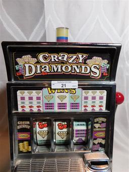 VINTAGE CRAZY DIAMONDS SLOT MACHINE BANK - OPERATES WHEN HANDLE IS PULLED - 15" TALL x 8.5" WIDE x 6