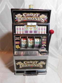 VINTAGE CRAZY DIAMONDS SLOT MACHINE BANK - OPERATES WHEN HANDLE IS PULLED - 15" TALL x 8.5" WIDE x 6