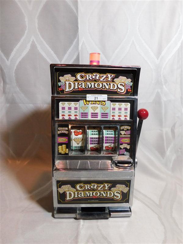 VINTAGE CRAZY DIAMONDS SLOT MACHINE BANK - OPERATES WHEN HANDLE IS PULLED - 15" TALL x 8.5" WIDE x 6