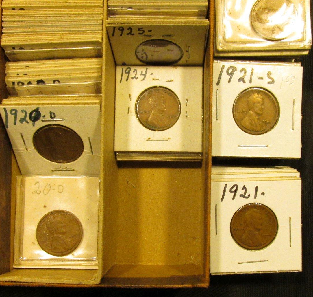 6" long Double Row Box of Lincoln Cents in 1 1/2" holders dating 1920P, D, S up to 1929. Many decent