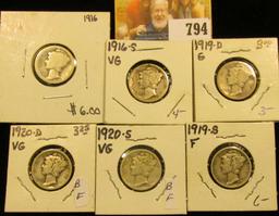 1916 P, 16 S, 19 D, 19 S, 20 D, & 20 S Mercury Dimes, grades up to Fine.