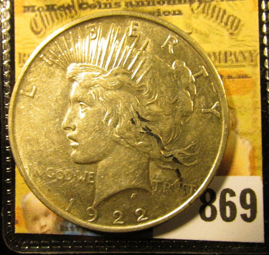 1922 D U.S. Peace Silver Dollar, AU.
