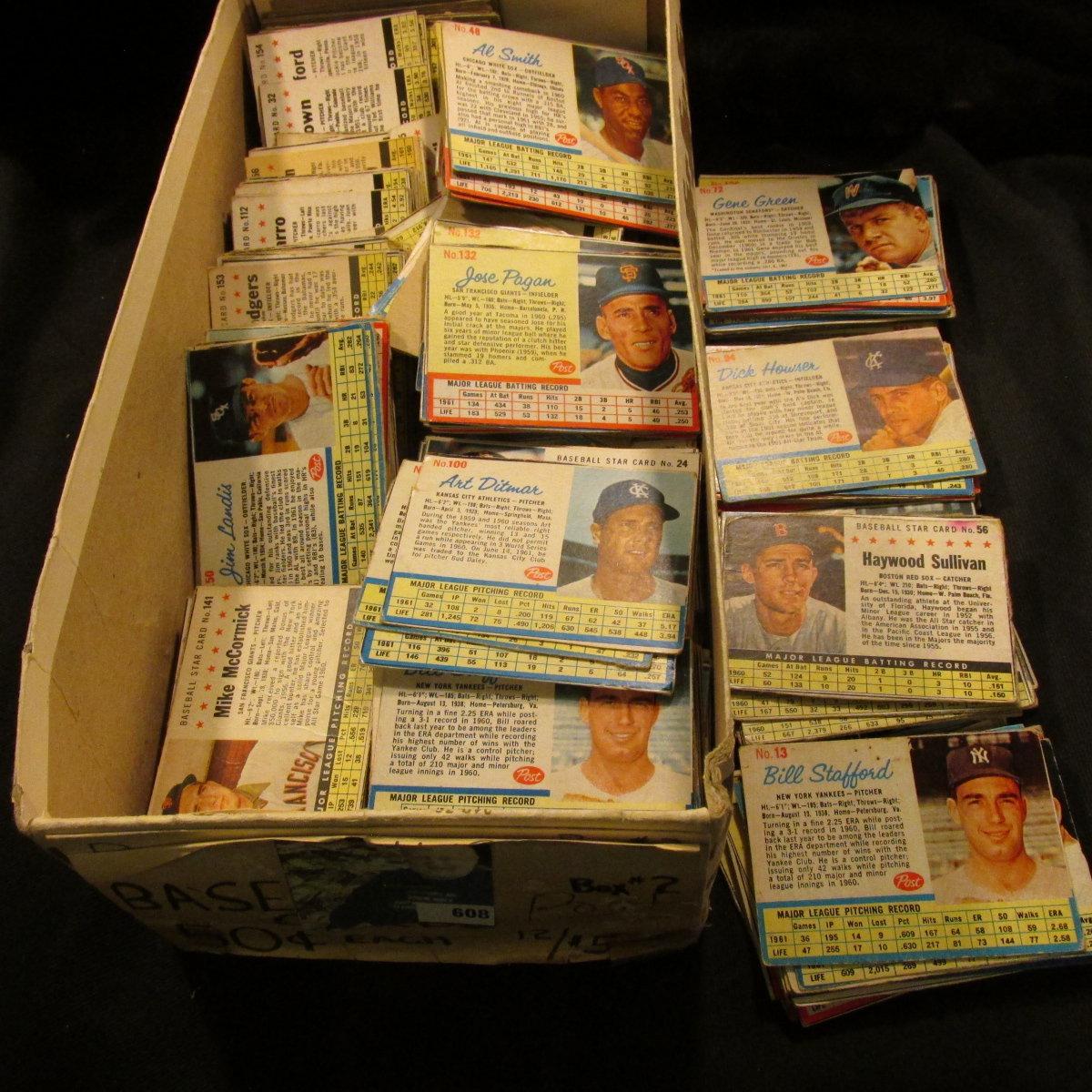 Shoe box more than half full of "Post" Cereal Box cut-out Baseball Cards from the early 1960 era.