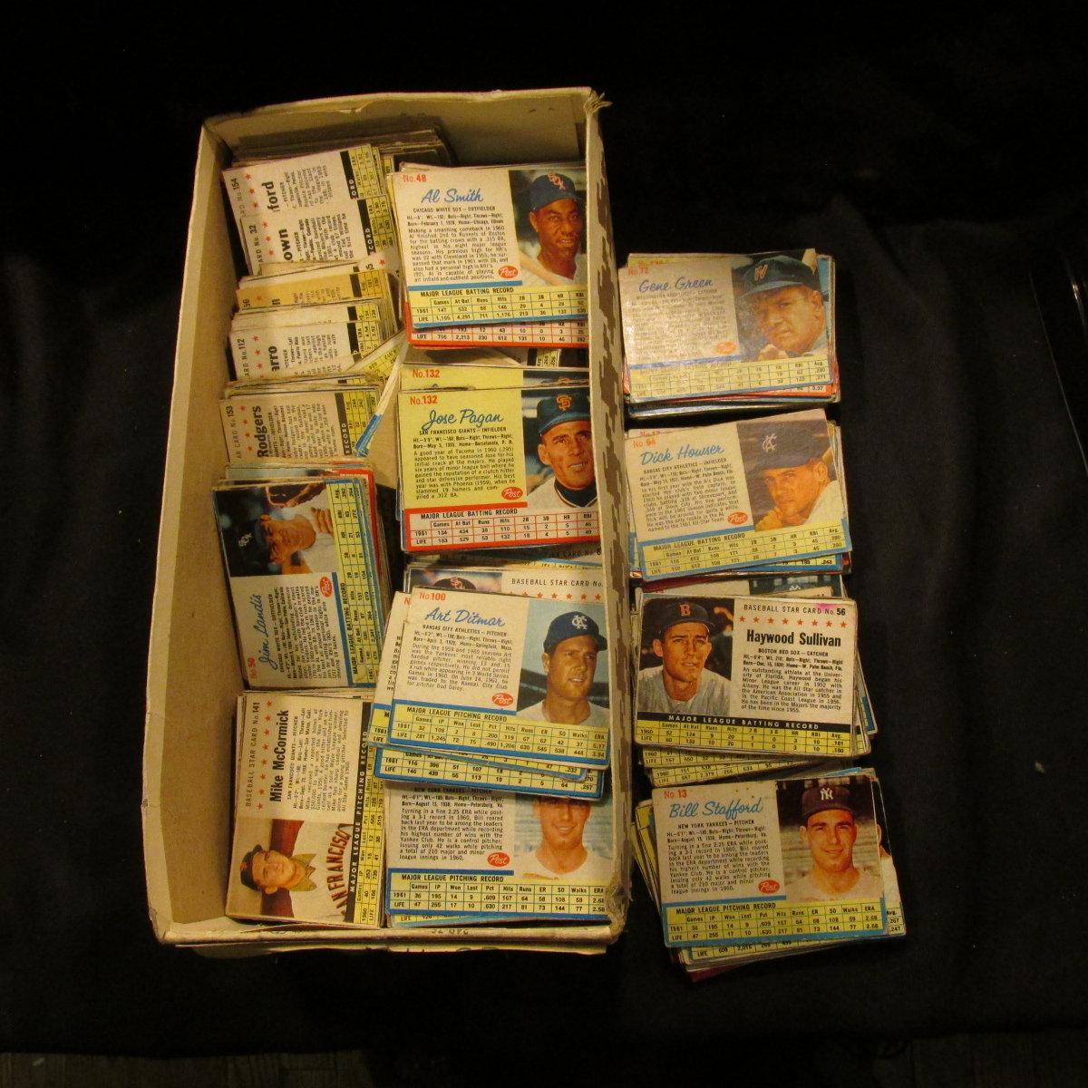 Shoe box more than half full of "Post" Cereal Box cut-out Baseball Cards from the early 1960 era.