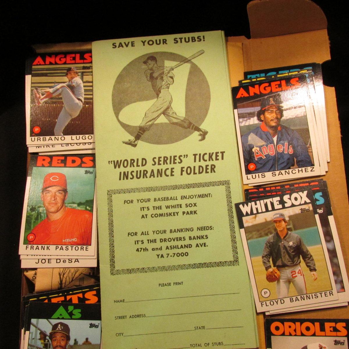 "World Series Ticket Insurance Folder" and a 14" Card Stock Box 3/4 full of mid 1980 Baseball Cards.