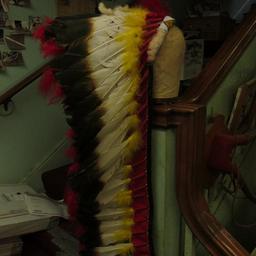 Long Indian Chief Feathered Headdress. Beaded front band. At least 40-50 years old. Quite attractive