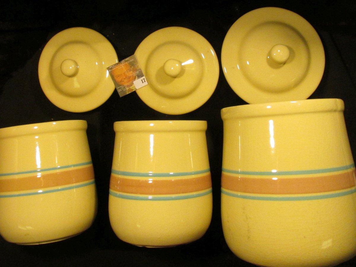 Three-Piece Set of "McCoy" Stoneware Pottery. No. 135. Minor use chips of two of the lids. 'Doc' ori