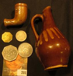 Miniature Stoneware Brown Pitcher, 4 1/4"; Clay Indian Trade Pipe; & (4) Different Old Good For Toke