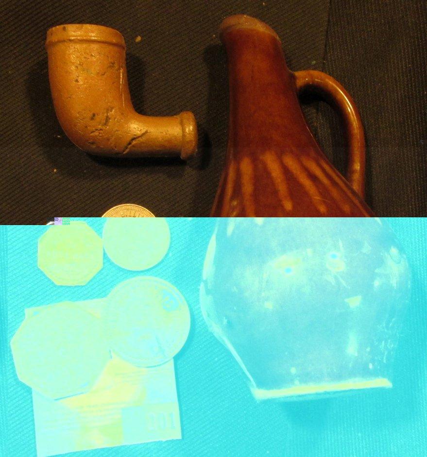 Miniature Stoneware Brown Pitcher, 4 1/4"; Clay Indian Trade Pipe; & (4) Different Old Good For Toke