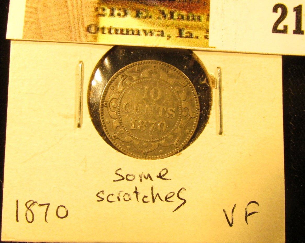 1870 Newfoundland Silver Dime, VF, some scratches.