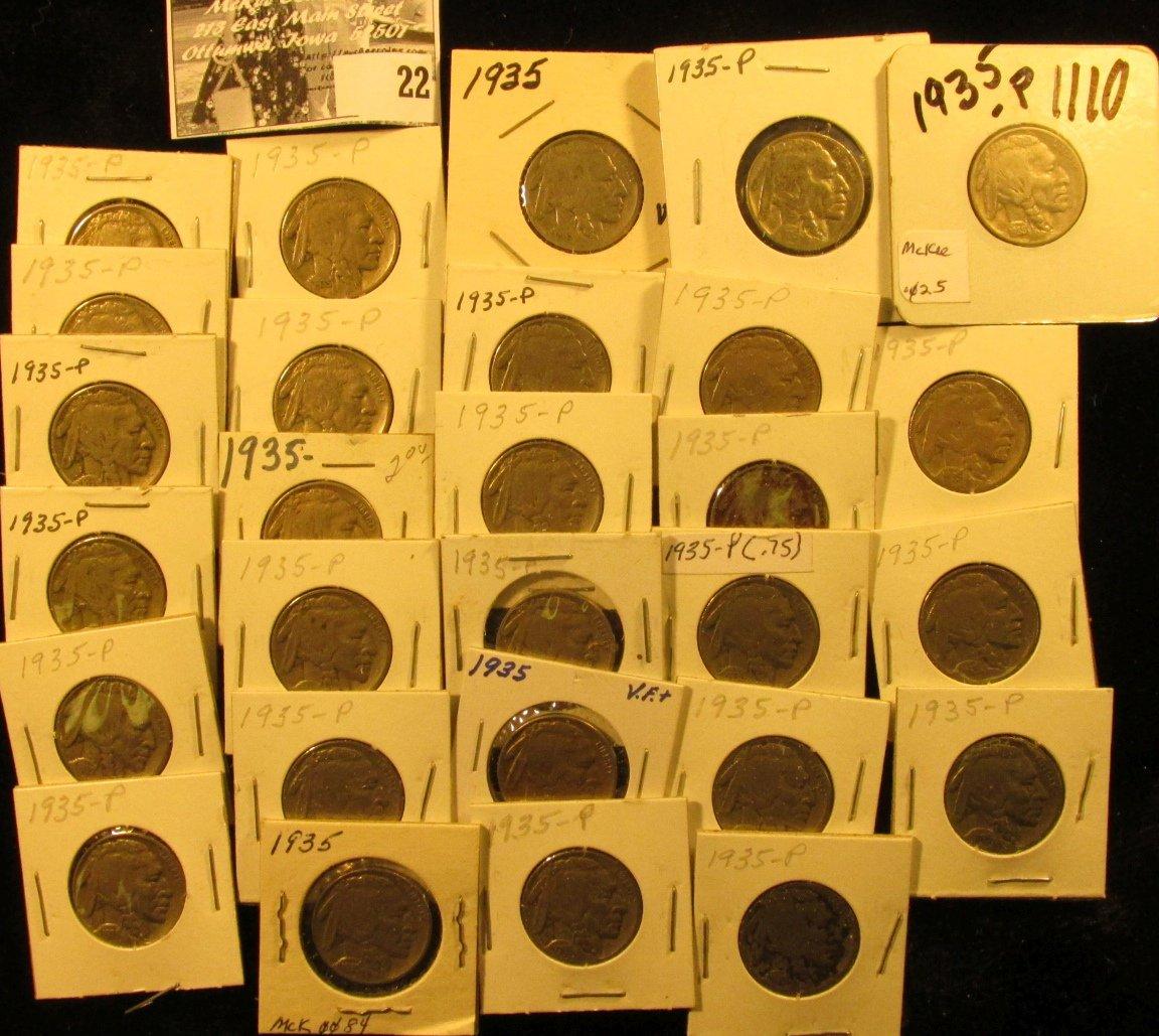 (28) 1935 P Buffalo Nickels all carded in 1 1/2" & 2" holders. Some slightly better grades.