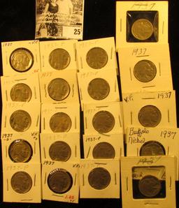 (20) 1937 P Buffalo Nickels all carded in 1 1/2" & 2" holders. Some slightly better grades.