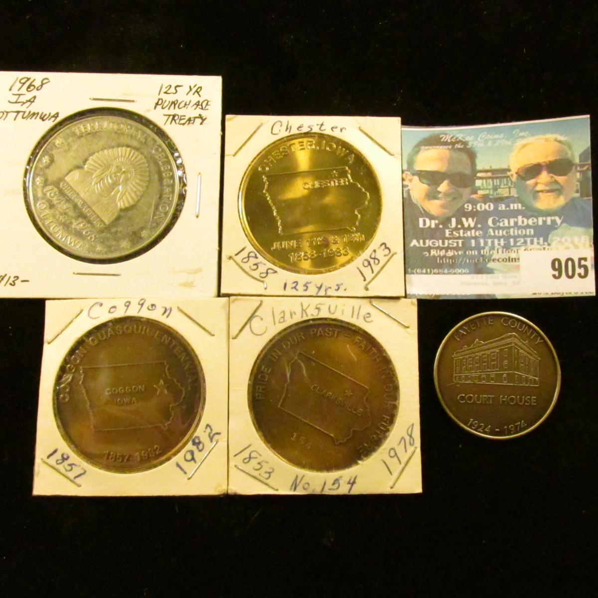 905 _ (5) different Iowa Quasquicentennial Medals, includes: West Union, Clarksville #154, Coggon, C