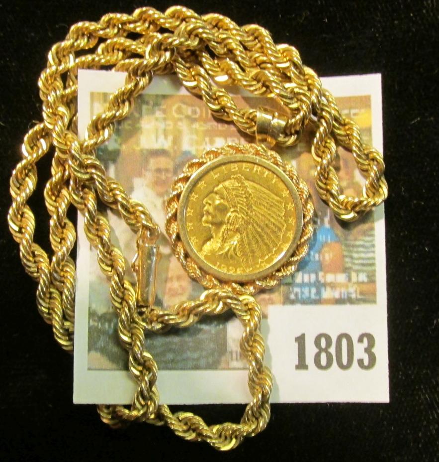 "1803 _ Solid 14K Gold Rope Necklace and Rope Bezel containing a 1926 U.S. Gold Quarter Eagle